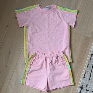 Lola and the Boys Pink Matching Set with Rainbow Trim